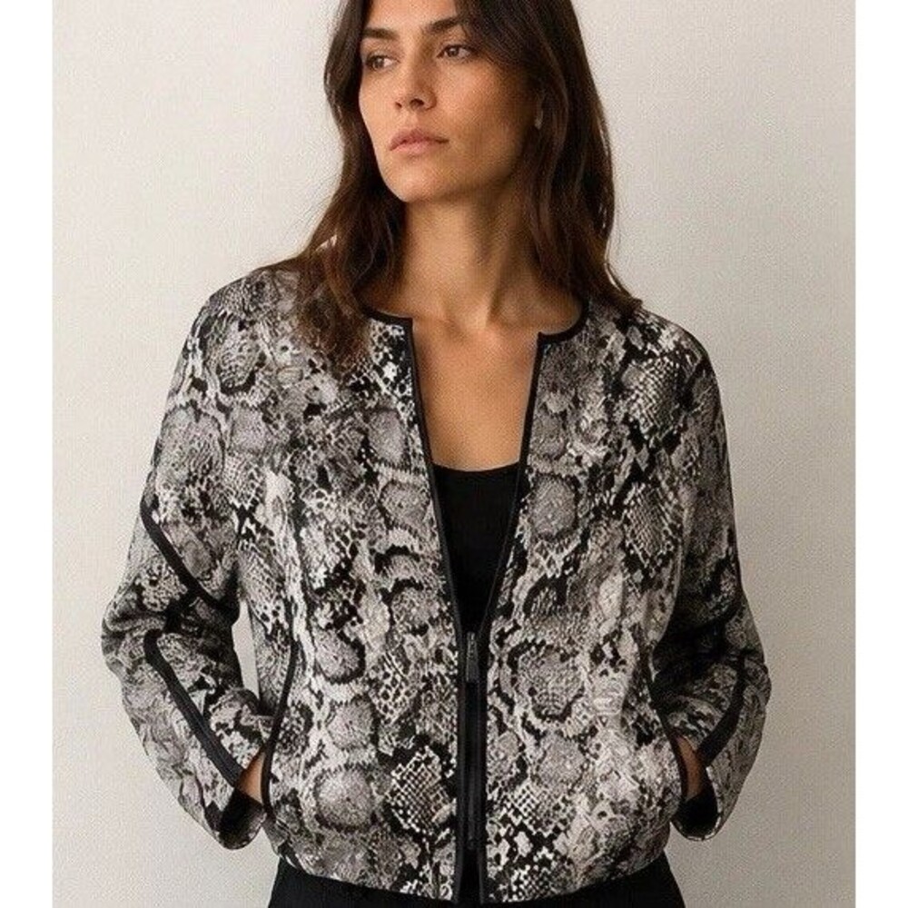 BCBGMAXAZRIA Snake Print Silk Wool Zip Jacket W/ Pockets Cropped M
